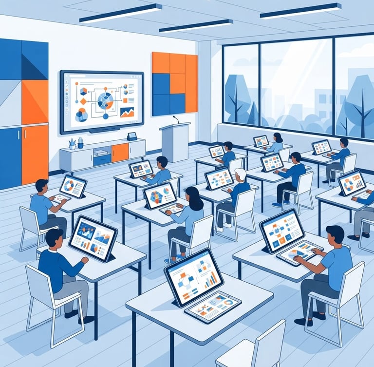 A bright minimalist digital classroom with organized document layouts and tablets showing structured worksheets, corporate blue and vibrant orange color scheme, clean vector illustration style.