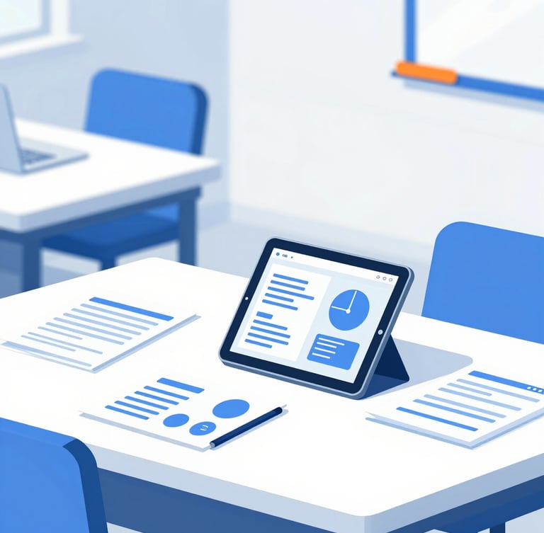 Bright modern Indian classroom with digital tablet, clean organized academic documents on a desk, high-key lighting, professional corporate blue and orange accents
