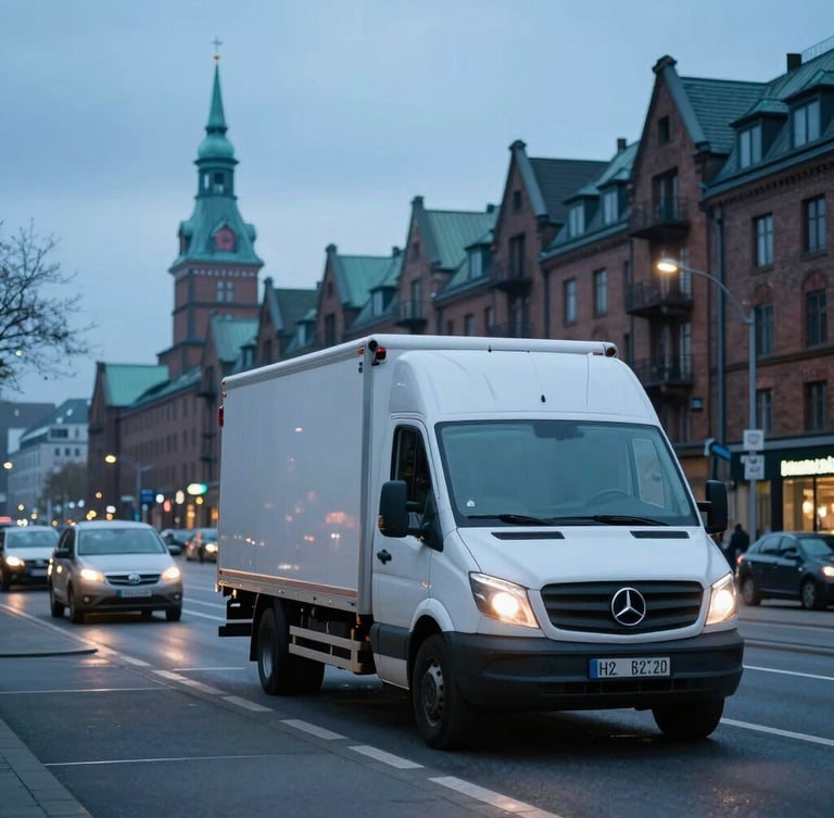 Modernes NoonMove Lieferfahrzeug auf einer Hamburger Straße bei kühlem Morgenlicht, im Hintergrund Speicherstadt. Dynamische Weitwinkelaufnahme.