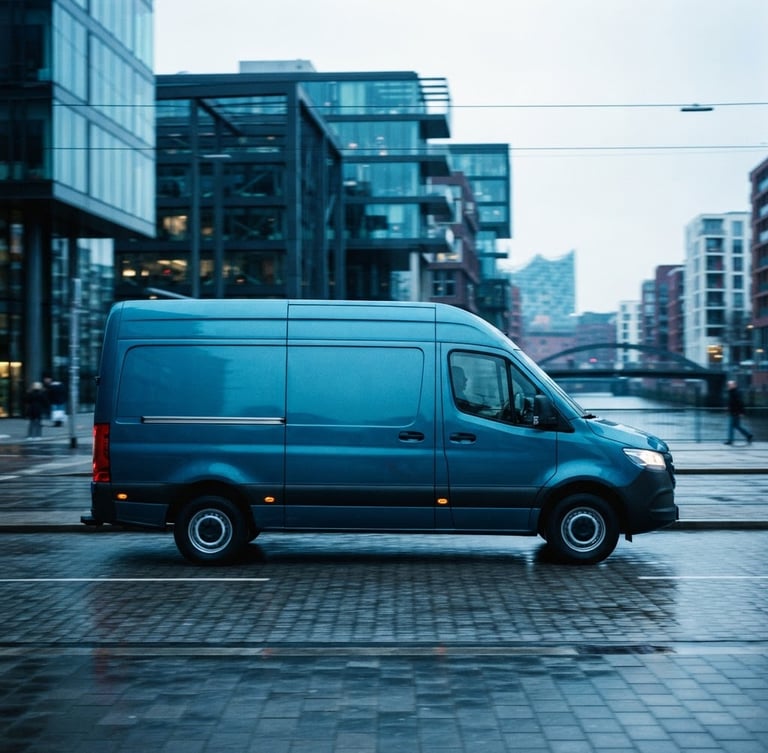 Modern transport van driving through a clean, architectural Hamburg city street at cool morning daylight, focused on the side of the van, blurred background, deep blue and turquoise tones, sharp focus, 35mm, wide angle.