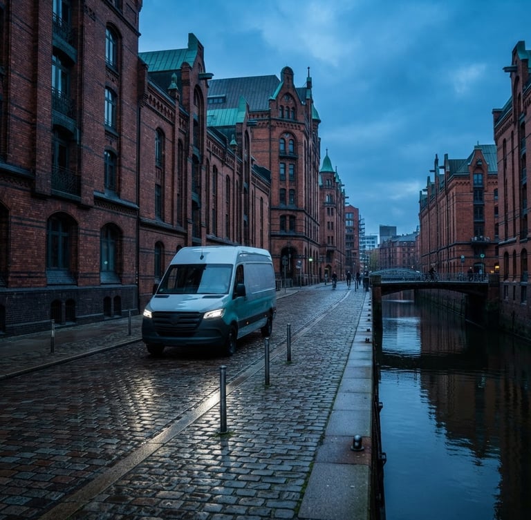 Modern, sleek NoonMove delivery van driving through a historic street in Hamburg's Speicherstadt at dawn, crisp light, dynamic wide-angle shot, deep blue and turquoise tones.