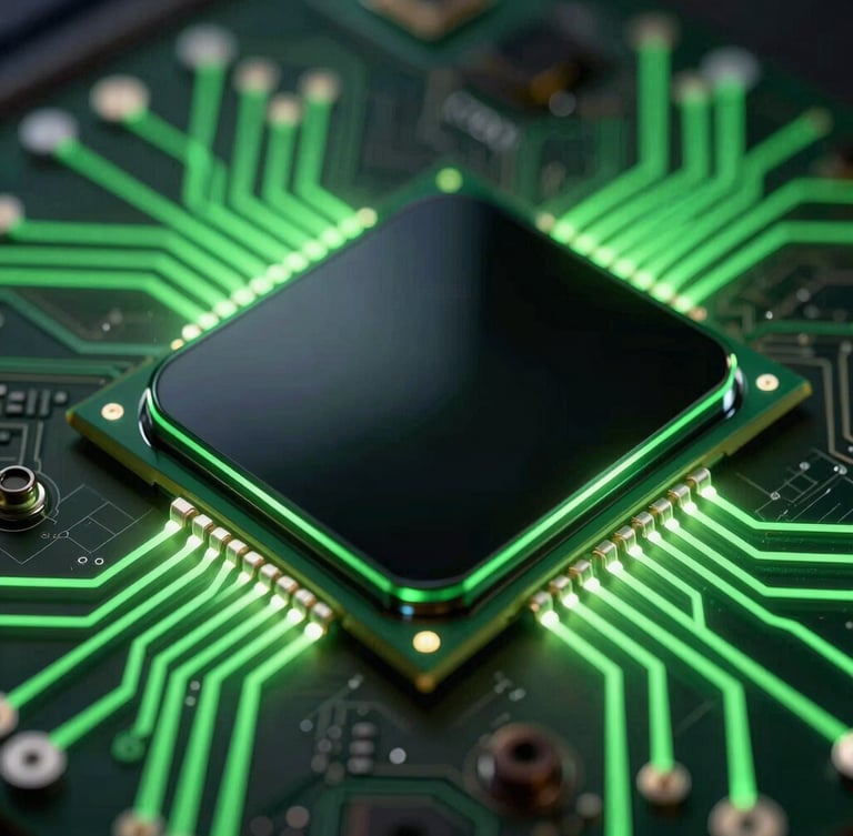 Extreme close-up of a high-end mobile processor schematic glowing with neon green circuit traces, dark glass reflections, highly technical, 35mm.