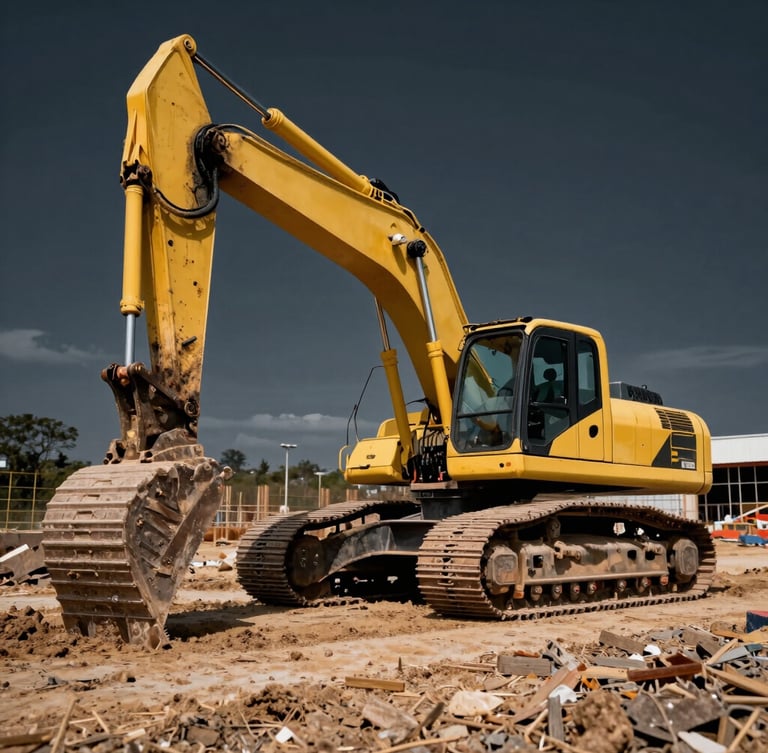 Low-angle heroic shot of a heavy yellow excavator in motion on a cleared construction site in Campinas, harsh high-contrast daylight, industrial editorial photography