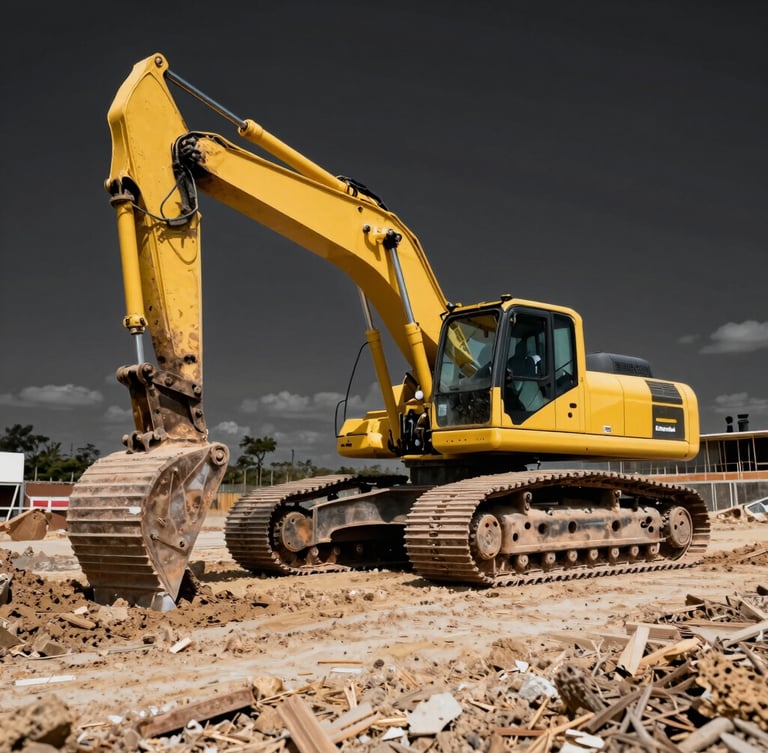 Low-angle heroic shot of a heavy yellow excavator in motion on a freshly leveled construction site in Campinas, harsh high-contrast daylight, sharp focus, 35mm