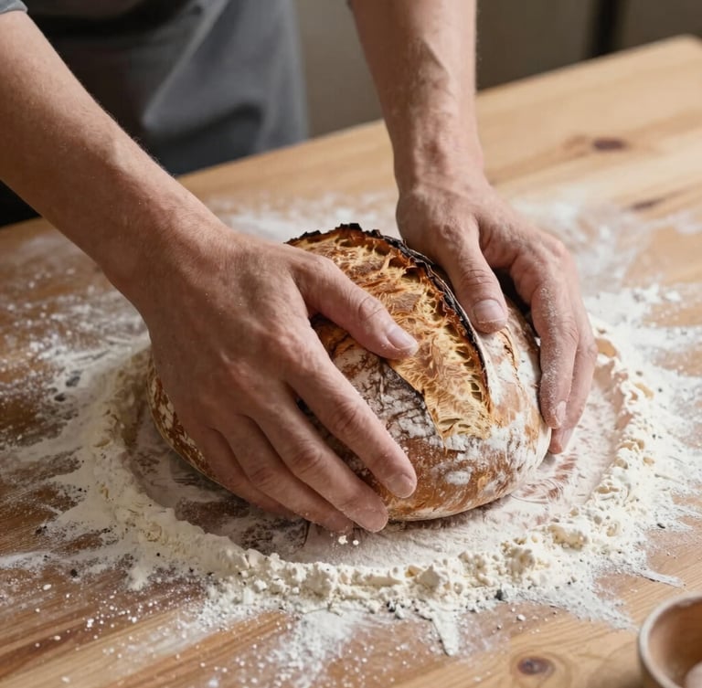 A close-up, Scandinavian-style daylight shot of hands kneading rustic sourdough on a flour-dusted wooden table, soft side-lighting, organic shadows.