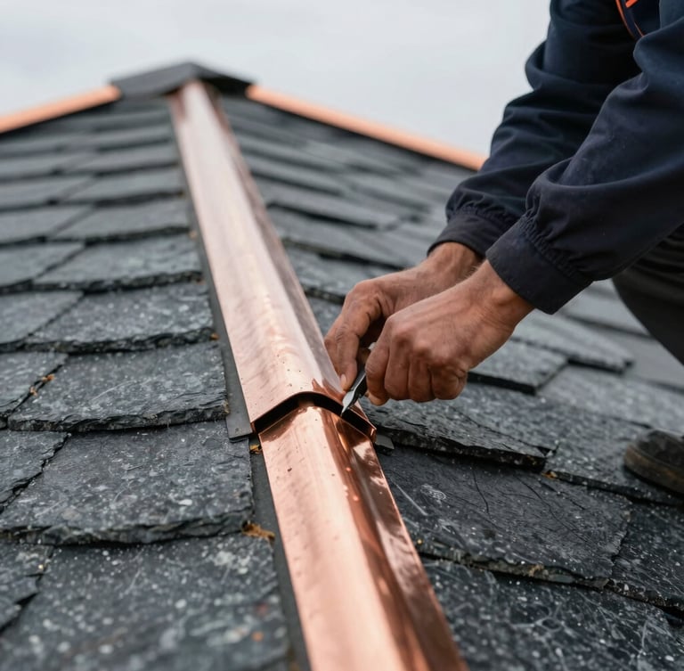 Close-up of a roofing craftsman in professional gear installing a clean, sharp copper flashing joint on a slate roof, natural overcast daylight, focus on texture and precision.