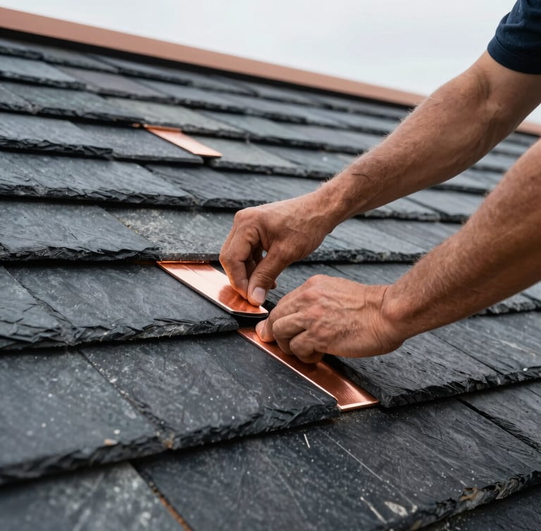 Close-up of a professional roofer installing dark slate tiles with copper flashing, precise hand alignment, crisp natural overcast light, focus on textures