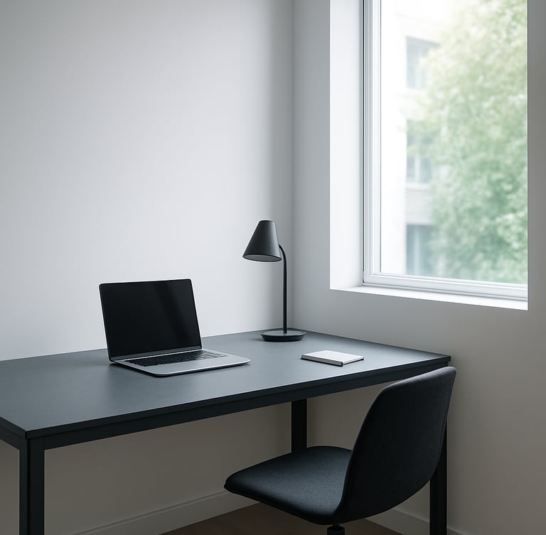 Crisp architectural photography of a minimalist home office with clean lines, slate gray desk, cool natural daylight streaming through a large window, 35mm lens