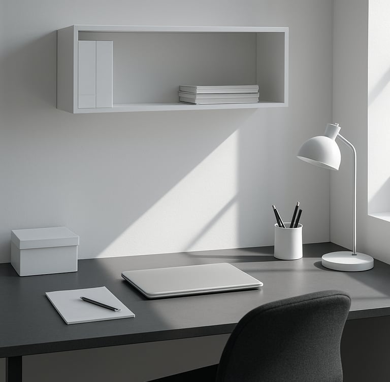 Crisp architectural photography of a highly organized minimalist home office, cool natural daylight casting sharp shadows on a slate gray desk, 35mm lens