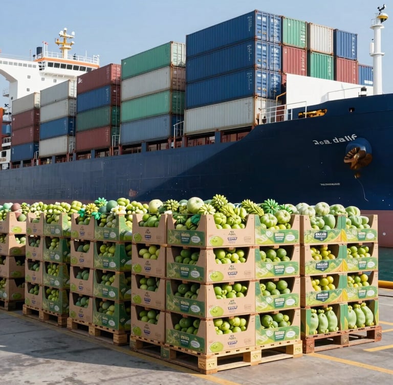 Bright industrial photography of a massive container ship at port, neatly stacked pallets of fresh produce in custom branded boxes being loaded under clear daylight.