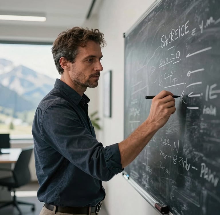 Intimate medium portrait of a male sales director in his late 40s, writing on a dark slate whiteboard, natural side-light casting soft shadows, crisp focus, minimalist Alpine office background.