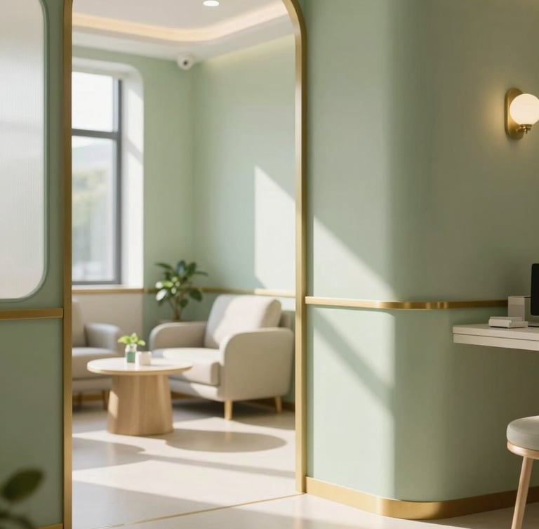 Serene and sunlit clinic interior, with elegant sage green and warm gold accents, a comfortable consultation area in the background, soft natural daylight.