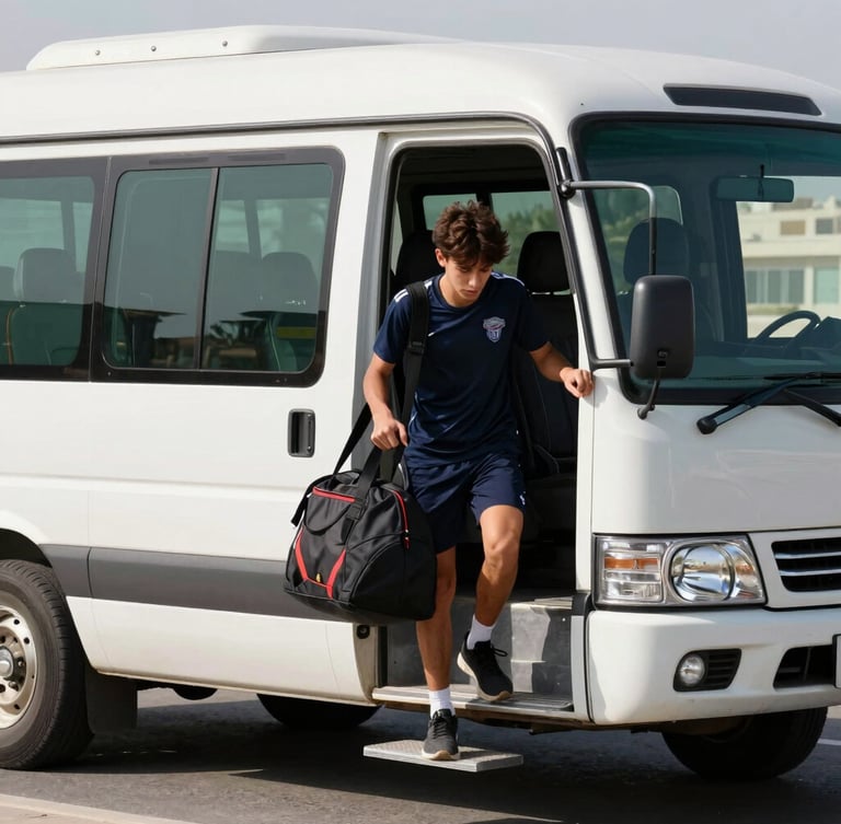 A clean academy transport shuttle parked in Ajman under bright afternoon sun, a young athlete boarding with a sports bag, focus on the door and athlete, action-oriented medium shot, 35mm lens
