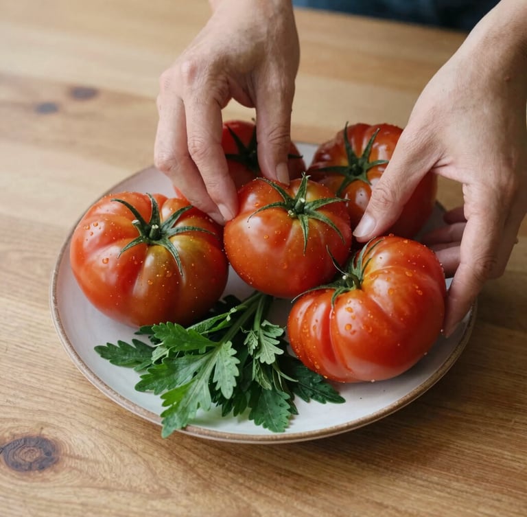 Overhead shot of hands styling a rustic plate of heirloom tomatoes and fresh herbs on a wooden table, soft natural side-light, shallow depth of field, 35mm