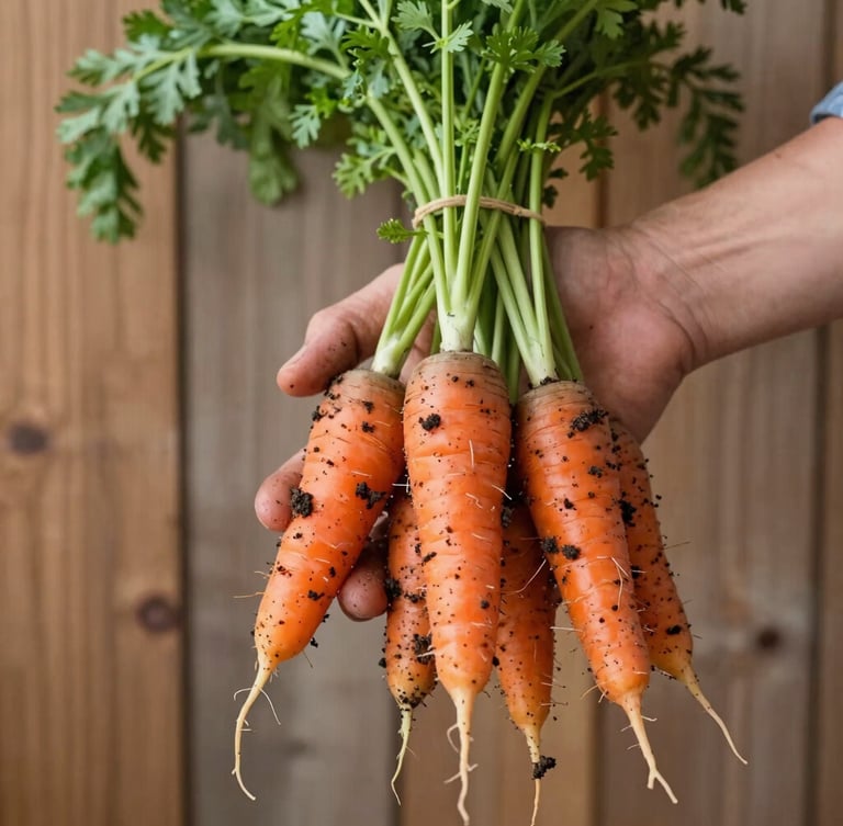 Soft natural daylight shot of a farmer's hands holding freshly harvested heirloom carrots with rich soil still on them, rustic wooden background, shallow depth of field, 35mm