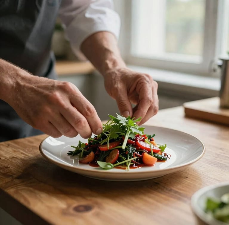 A close-up of a chef's hands styling a fresh plate of food on a wooden counter, soft natural window light, rustic Scandinavian kitchen, 35mm photography