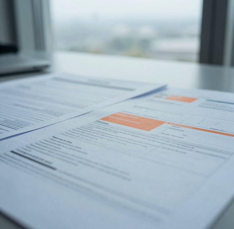 Close-up of structured legal documents and technical schematics on a desk, cool diffused overcast daylight, architectural framing, 35mm lens