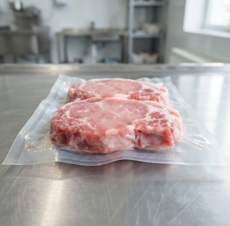 Detailed close-up of fresh, vacuum-packed pork chops on a clean stainless steel counter, bright morning sunlight, clinical agricultural setting, sharp focus
