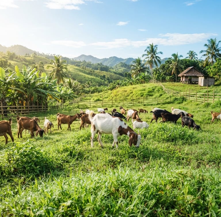 Bright natural photography of a clean, sunlit Philippine pasture with healthy goats grazing, airy atmosphere, sharp focus, 35mm lens