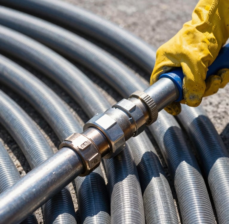Close-up of a heavy-duty high-pressure jetting hose coupling being secured by a technician wearing yellow safety gloves, sharp industrial lighting, metallic textures.