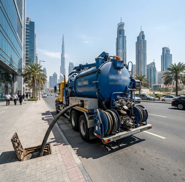 High-powered industrial vacuum tanker truck parked on a modern Dubai street, bright direct sunlight, sharp details, blue and yellow utility tones, wide-angle lens