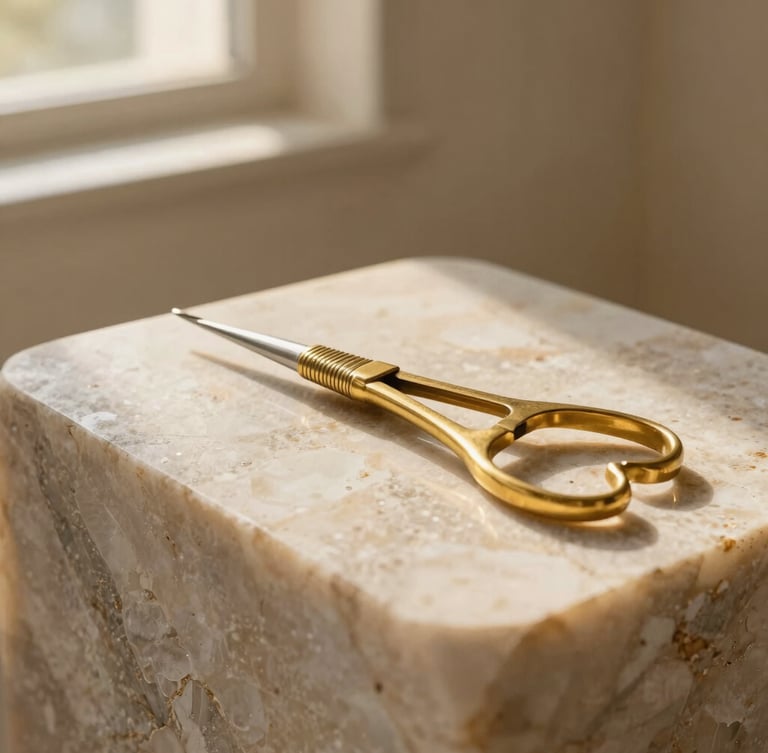 A sculptural brass surgical instrument resting on a block of raw travertine stone, soft golden-hour light leak, warm shadows, minimal composition