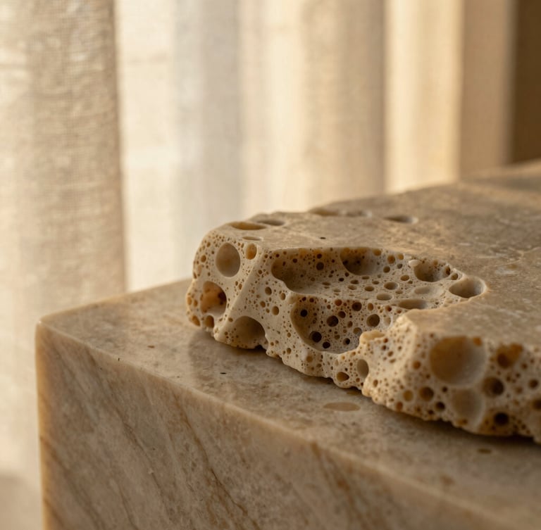 Macro close-up of raw travertine marble showing organic porous textures, warm golden light filtering through linen curtains, casting soft shadows, quiet luxury aesthetic.