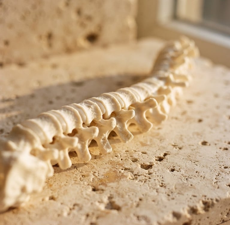 Macro close-up of a sculptural 3D printed spine model, warm golden-hour light casting soft shadows on travertine stone, 35mm photography
