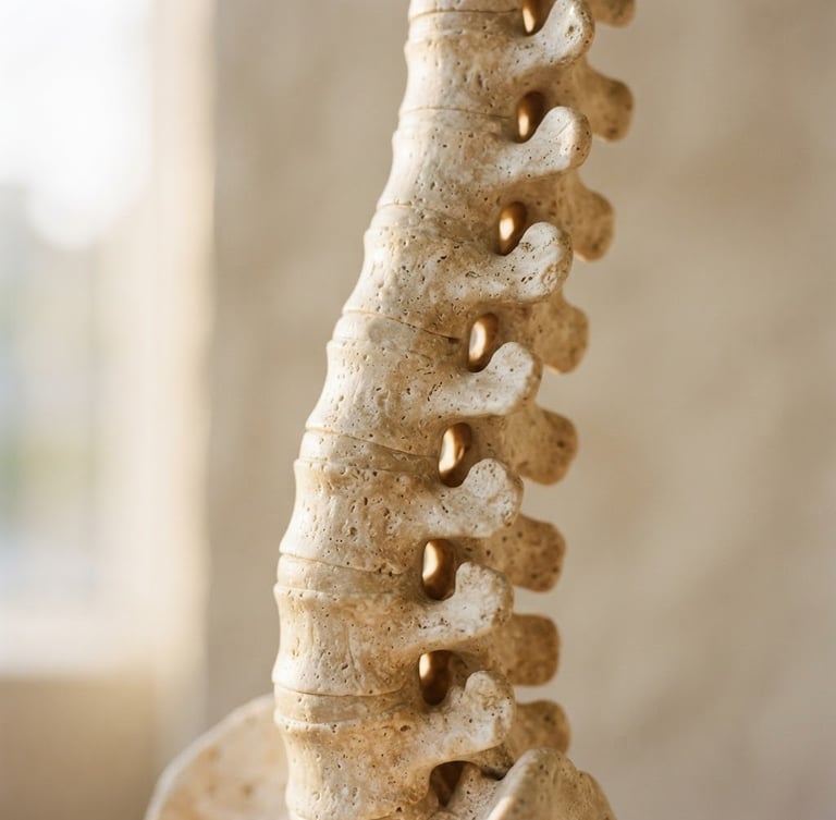Macro close-up of a sculptural travertine stone spine model, warm golden-hour window light, soft shadows, 35mm photography, elegant negative space
