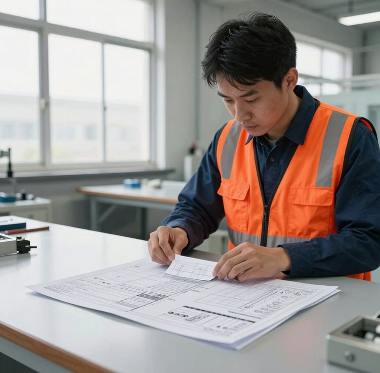Industrial documentary photography of a technical inspector measuring a physical sleeve sample against a detailed paper tech pack on a clean slate-gray worktable, crisp factory-window light