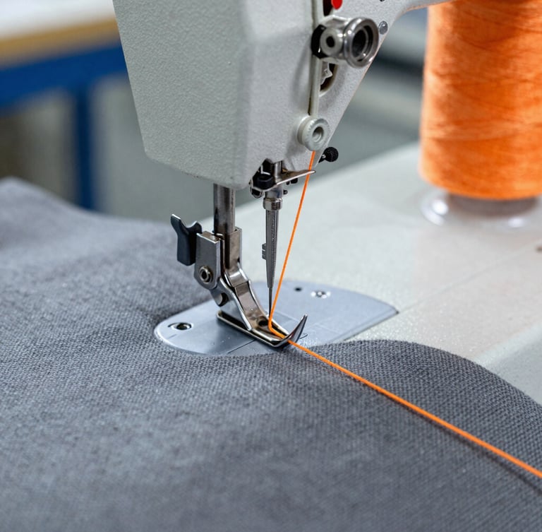 Macro technical close-up of a sewing machine needle threading bright safety-orange thread through technical gray canvas fabric, sharp focus, crisp industrial lighting