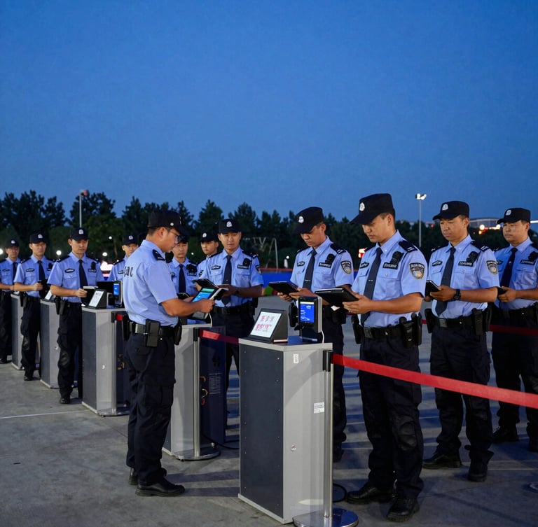 Medium shot of professional security personnel in clean, structured uniforms coordinating logistics at a high-resistance perimeter barrier, with rapid accreditation scanners, crisp natural daylight, sharp focus, high-contrast rich tones.