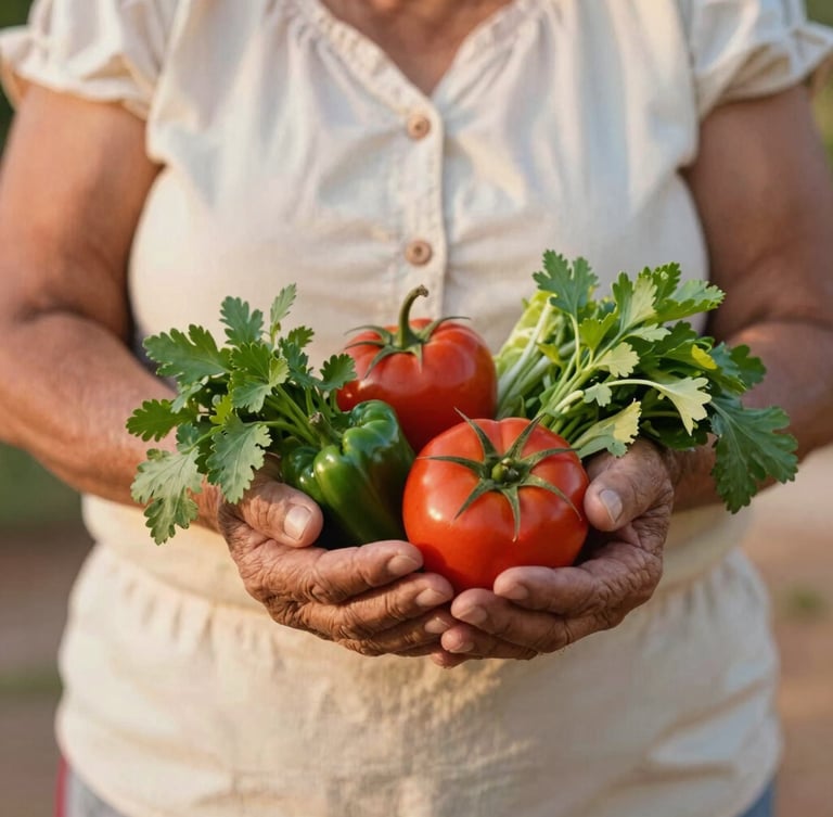 Hands of an older Mexican woman gently holding fresh, locally harvested vegetables and herbs, soft natural outdoor light, warm rustic editorial style, shallow depth of field, 35mm