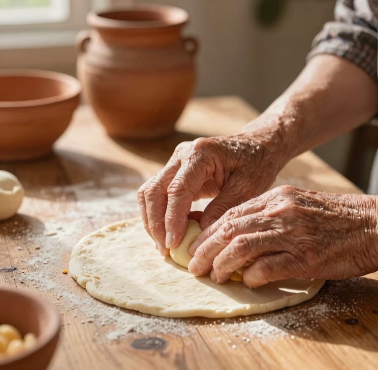 Warm portrait-oriented close-up of an elderly woman's hands gently shaping corn dough on a rustic wooden table, soft natural morning light, terracotta pots in the blurred background.