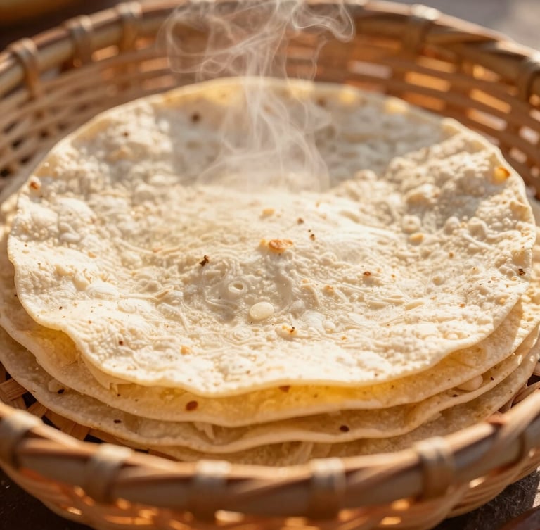 Close-up of warm artisanal corn tortillas steaming in a hand-woven basket, soft golden hour sunlight filtering through, rich terracotta tones, warm editorial photography, shallow depth of field, 35mm