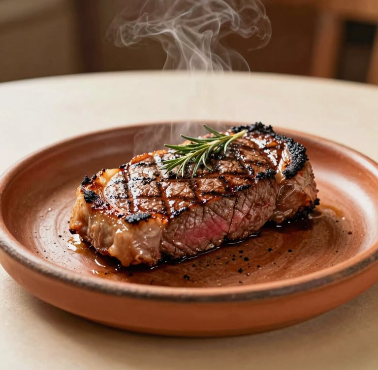 A beautifully plated Bisteck Sendero, tender grilled beef steak with local herbs and char marks, served on a rustic clay plate, steaming hot, soft warm lighting, shallow depth of field, 35mm