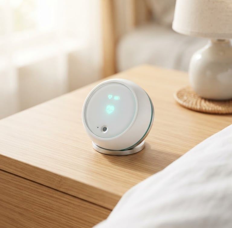 Close-up of a sleek, white smart health monitoring sensor resting on a clean wooden bedside table, soft natural morning light, high-trust clinical aesthetic