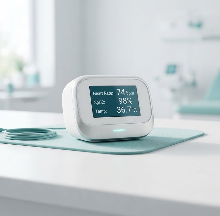 Bright clinical product photography of a sleek smart health monitor on a clean white surface with soft teal accents, natural daylight.