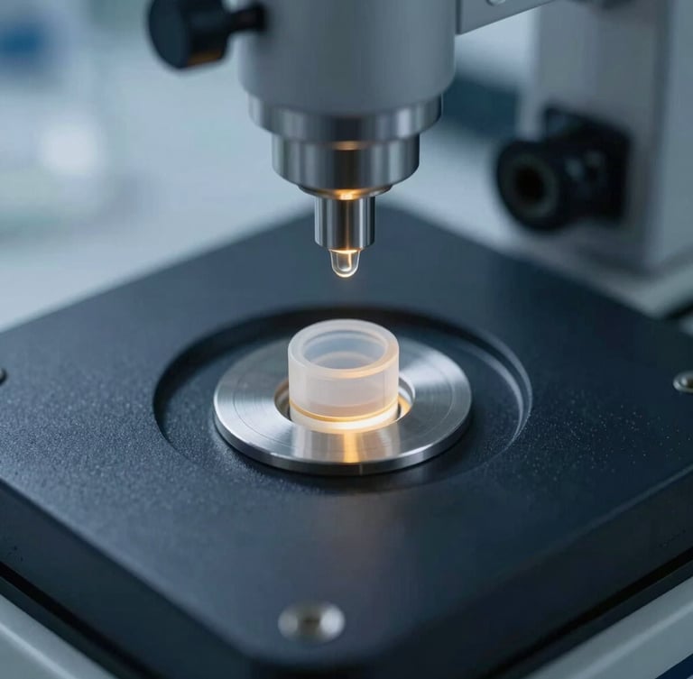 Macro photograph of a precise biomaterial synthesis setup in a state-of-the-art Texas laboratory, cool crisp lighting with subtle gold highlights, shallow depth of field
