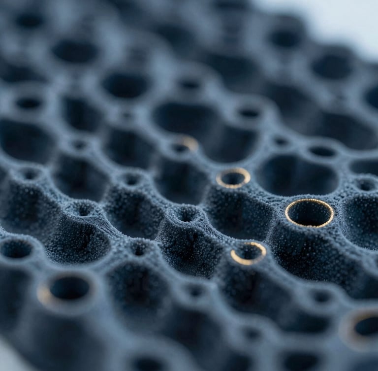 Macro close-up of a precise synthetic biomaterial structure under cool laboratory light, showcasing intricate micro-channels with subtle gold highlights, shallow depth of field.