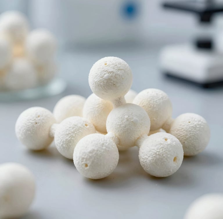 Sharp macro close-up of pure white crystalline peptide structures, high-key clinical light, clean white laboratory backdrop, 50mm lens