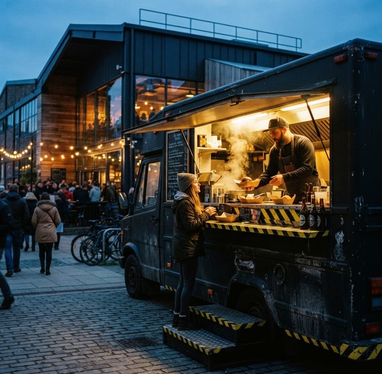 Gritty 35mm street photography of a matte black food truck parked outside a modern craft brewery at dusk, warm glowing service window, yellow hazard tape details.
