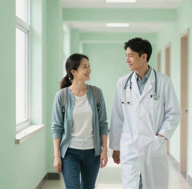 A bright, clean clinic hallway with soft sage green walls. A doctor and a patient are walking together, talking warmly. Soft natural light from a window, shallow depth of field.