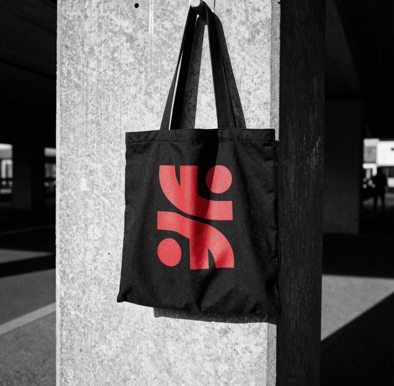 Low-angle shot of a heavy-duty black canvas tote bag with a bold red abstract graphic, slung over a shoulder against a stark concrete subway wall, harsh direct sunlight, gritty 35mm film texture