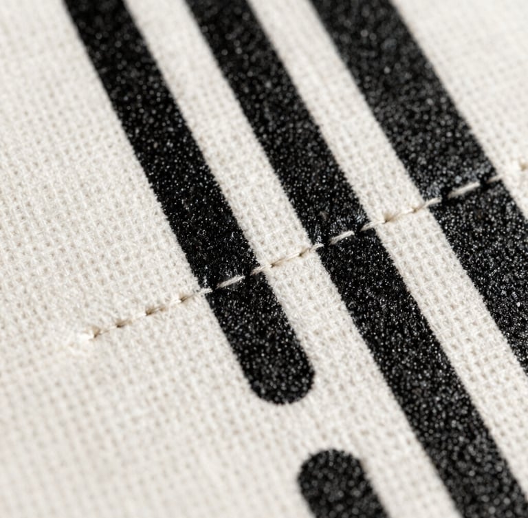 Macro extreme close-up of thick screen-printing ink texture and heavy-duty double stitching on raw off-white canvas, harsh fluorescent studio lighting