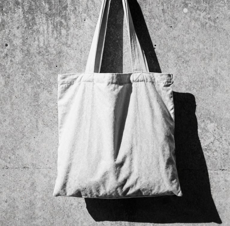 Low-angle gritty film photography of a heavy-duty canvas tote bag slung over a shoulder against a raw concrete wall, harsh direct sunlight, deep shadows