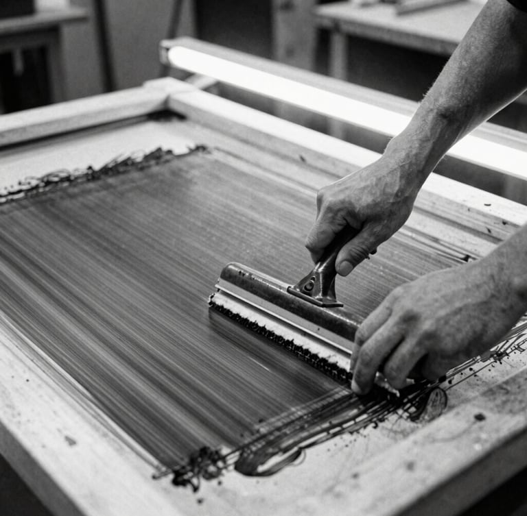 Gritty film photography of hands pulling a squeegee with thick black ink across a screen-print frame, raw industrial workshop setting, harsh fluorescent lighting.