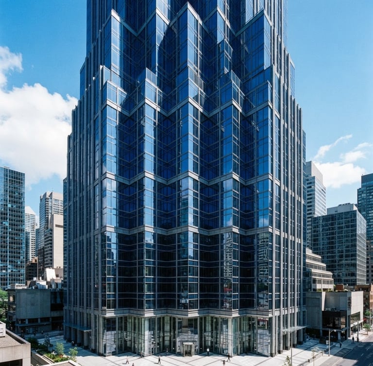Crisp architectural photography of a modern financial district skyscraper with sharp cobalt blue glass and high-contrast daylight, 35mm.