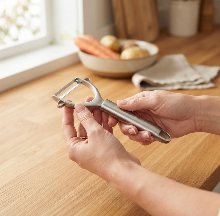 Hands holding a clean, modern stainless steel kitchen tool over a warm neutral counter, soft natural daylight, eye-level framing.