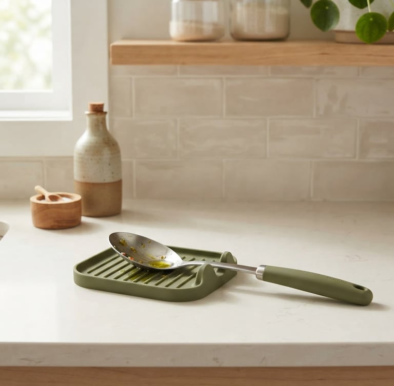 Bright clean product photography of a modern kitchen counter with a sleek, clever olive-green silicone utensil rest holding a spoon, soft natural daylight, warm neutral tones